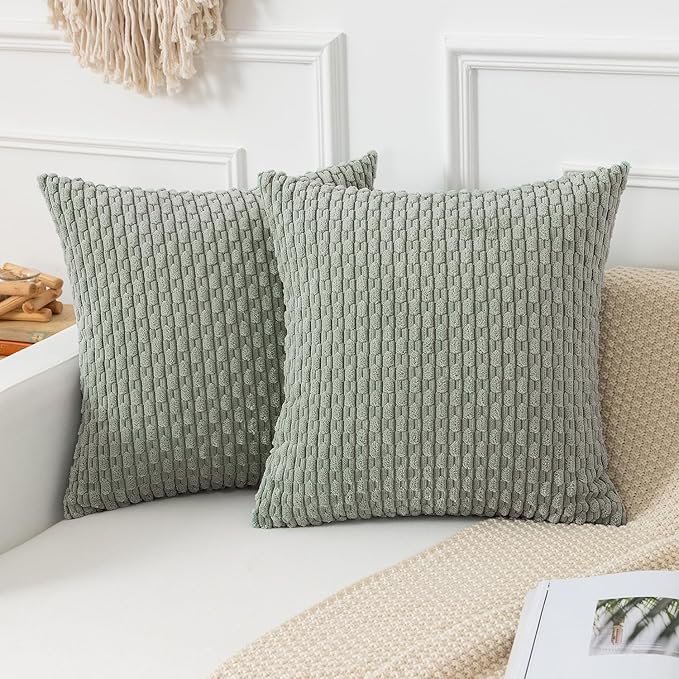 Kevin Textile Throw Pillow Covers Soft Corduroy Decorative Set of 2 Boho Striped Pillow Covers Pillowcases Farmhouse Home Decor for Couch Bed Sofa Living Room 26x26 Inch Greyish Green