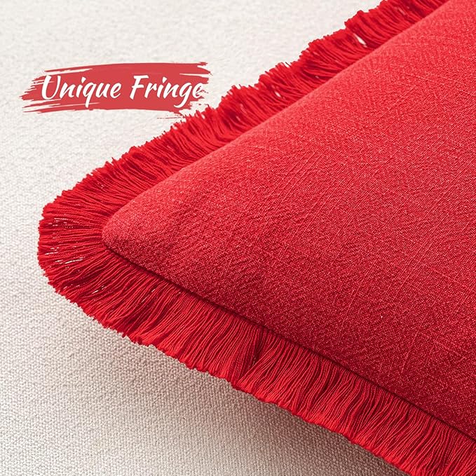MIULEE Christmas Decorative Lumbar Throw Pillow Covers Neutral Linen Fringe Throw Pillows Set of 2 Red Boho Farmhouse Cushion Covers with Tassels for Couch Sofa Bed Living Room Home Decor 12x20 Inch
