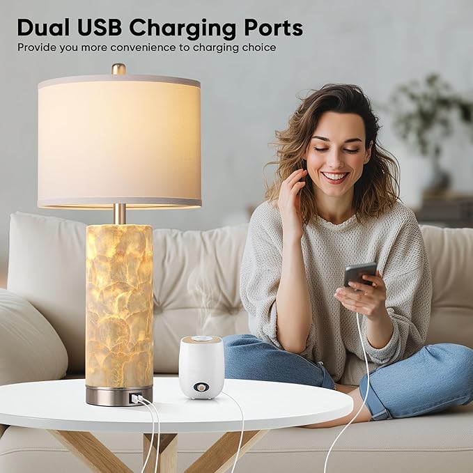 PARTPHONER Coastal Table Lamps for Living Room Set of 2, Bedside Lamps with Night Light, USB A+C Ports, 4-Way Rotary Switch, Seashell Nightstand Lamps for Bedroom and Home Office(LED Bulbs Included)