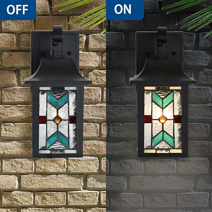 WL0009 Tiffany Style Outdoor Light Fixutres Stained Glass Wall Sconce Exterior Waterproof Wall Lantern Light for Balcony Aisle Hallway W 7X D 6 x H 12 Inches, Bulb Included (Chrolume)