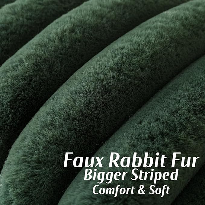 FUTEI Dark Green Decorative Throw Pillow Covers 22x22 Inch Set of 2, Square Soft Faux Rabbit Fur Big Striped Cushion Cover,Home Decor for Couch Sofa Bed Living Room