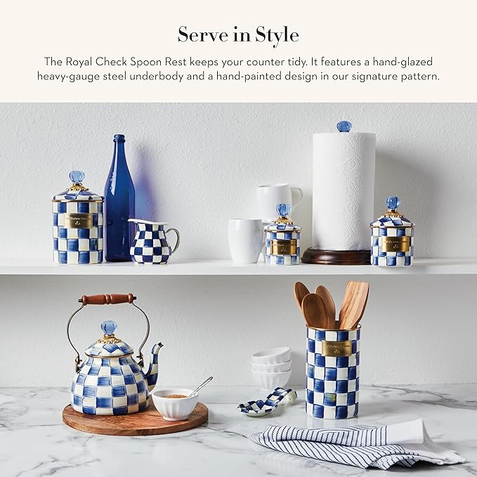 MACKENZIE-CHILDS Enamel Spoon Rest, Kitchen Spoon Holder and Utensil Rest for Stovetop, Blue-and-White Royal Check