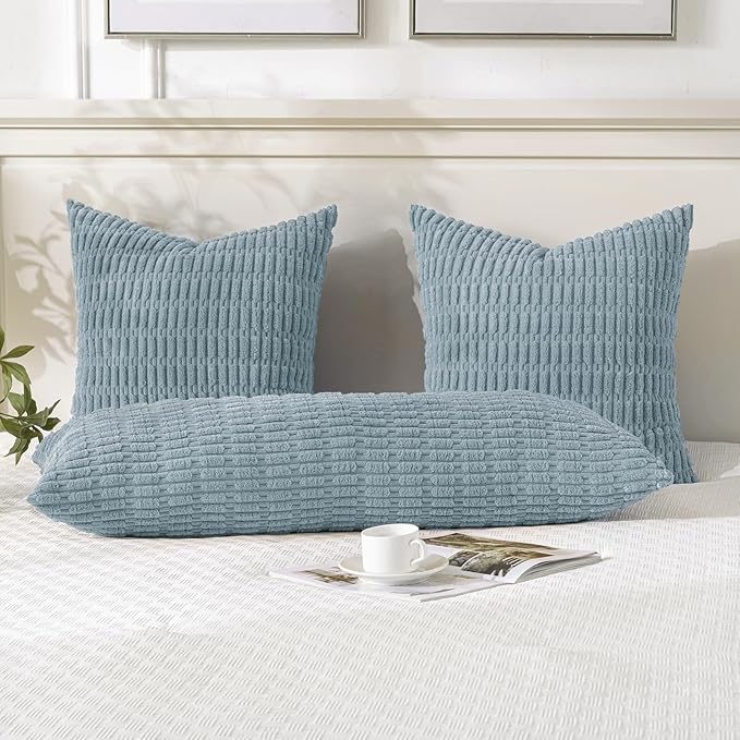 Fancy Homi 1 Pack Light Blue Long Lumbar Body Decorative Throw Pillow Covers 20x54 Inch for Bed Couch Bedroom Bench, Soft Corduroy Rectangle Solid Pillow Case 50x137 cm, Rustic Farmhouse Boho Decor