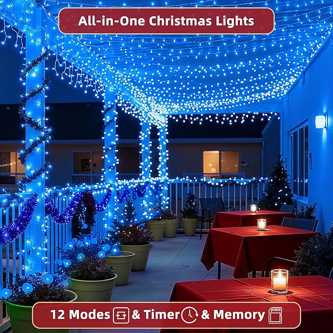 300 LED Outdoor Christmas Lights 75ft, 12 Lighting Modes Indoor String Lights Dimmable & Timer Memory, Outsite Waterproof Tree Lights for Xmas Room Garden Wedding Party Holiday Decorations Blue
