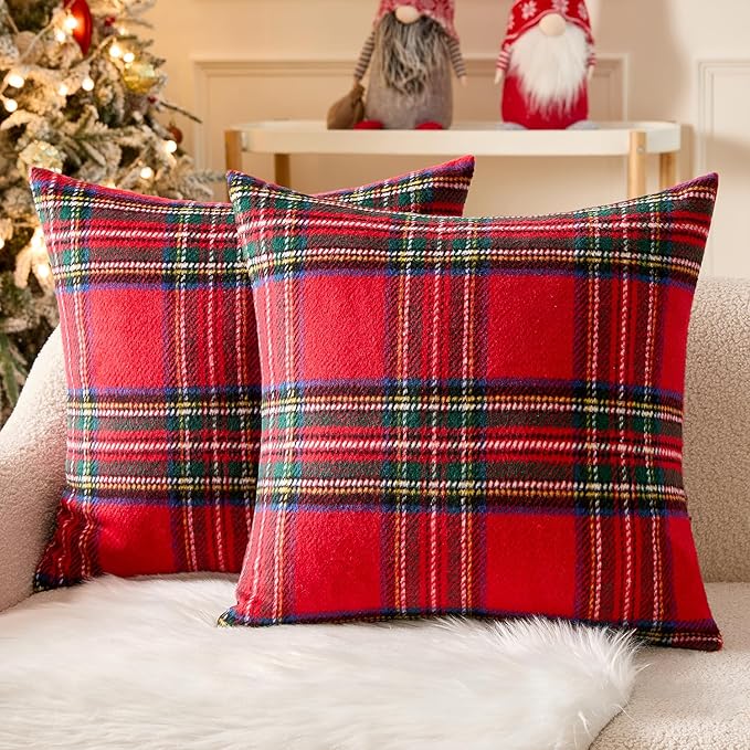 MIULEE Christmas Plaid Decorative Throw Pillow Covers Set of 2 Scottish Tartan Vintage Farmhouse Winter Cuhion Case Pillow Covers for Couch livingroom Sofa Bed Porch Home Decor 18x18inch Red