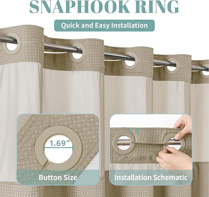 Khaki No Hook Waffle Weave Shower Curtain with snap-in Liner Replacement, 230GSM Waterproof Fabric Hotel Shower Curtain Set for Bathroom, Through Mesh Top Window,71Wx86H