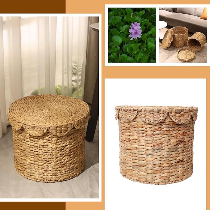 Vintage Woven Storage Basket with Scalloped Lid - Handwoven Water Hyacinth Laundry Hamper for Clothes, Blankets, Toys Organizing - Natural Wicker Basket with Lid (Small Round)