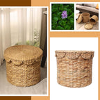 Vintage Woven Storage Basket with Scalloped Lid - Handwoven Water Hyacinth Laundry Hamper for Clothes, Blankets, Toys Organizing - Natural Wicker Basket with Lid (Large Round)