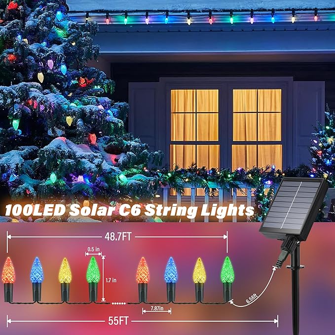 iBaycon Solar C6 Christmas Lights Outdoor, 48FT 100LED C6 Strawberry String Light, 8 Modes Solar Powered Lights String for Xmas Tree House Eaves Roof Christmas Holiday Decorations