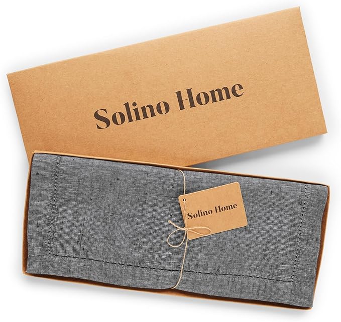 Solino Home Linen Table Runner 60 Inches - 100% Pure Linen Charcoal Grey Hemstitch Table Runner 14 x 60 Inch Ideal for Dresser and Coffee Tables - Milan - Thanksgiving, Christmas