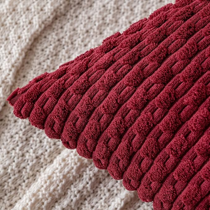 MIULEE Christmas Wine Red Throw Pillow Covers Soft Corduroy Decorative Set of 2 Boho Striped Pillow Covers Pillowcases Farmhouse Home Decor for Couch Bed Sofa Living Room 18x18 Inch