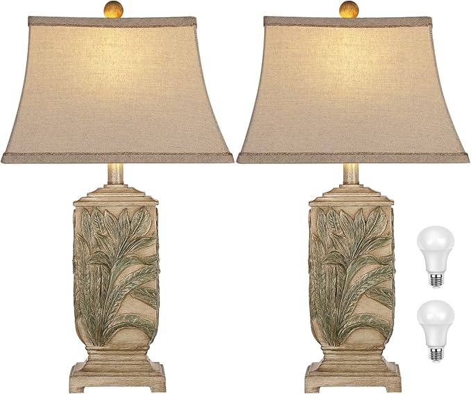 WIHTU 25" Vintage Table Lamps, 3 Color Temperature Rustic Retro Beside Lamp Set of 2, Farmhouse Resin Table Lamp for Living Room Bedroom Nightstands, Rotary Switch, Carved Leaf(2 Bulbs Included)