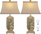 WIHTU 25" Vintage Table Lamps, 3 Color Temperature Rustic Retro Beside Lamp Set of 2, Farmhouse Resin Table Lamp for Living Room Bedroom Nightstands, Rotary Switch, Carved Leaf(2 Bulbs Included)