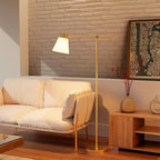 69" Floor Lamp, Swing Arm, Matte Brass Plated, White Tapered Fabric Shade, On/Off Rotary Switch on Socket, 5-Foot Clear Cord, 1-Light, 40W E26/Medium Base Bulb