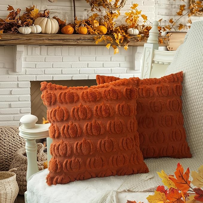 GEEORY Fall Pumpkin Throw Pillow Covers 16x16 Inch Set of 2, Autumn Soft Plush Faux Fur Wool Decorative Farmhouse Holiday Cushion Case for Home Decoration (Rust) GC001-16
