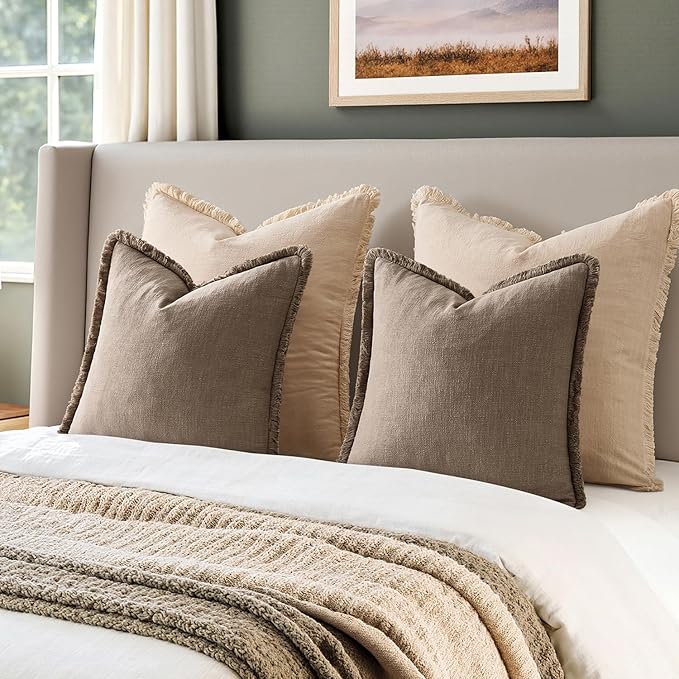 EMEMA Linen Fringe Throw Pillow Covers Set of 2 Boho Farmhouse Accent Decorative Pillowcase with Tassels for Couch Sofa Bed Living Room Home Decor 20x20 Inch,Coco Brown