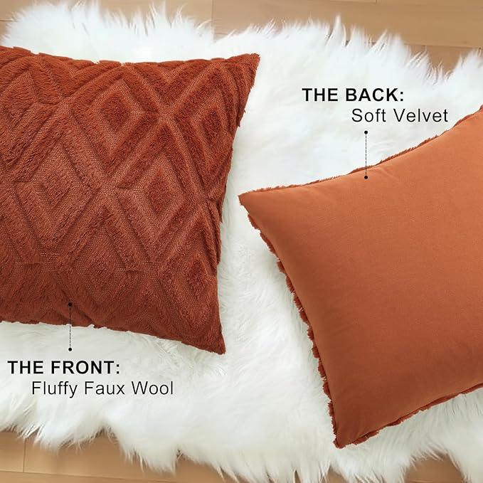 decorUhome Fall Couch Throw Pillow Covers 22x22 Set of 2, Decorative Soft Plush Faux Wool Neutral Accent Pillow Covers for Bed Sofa Living Room, Rust