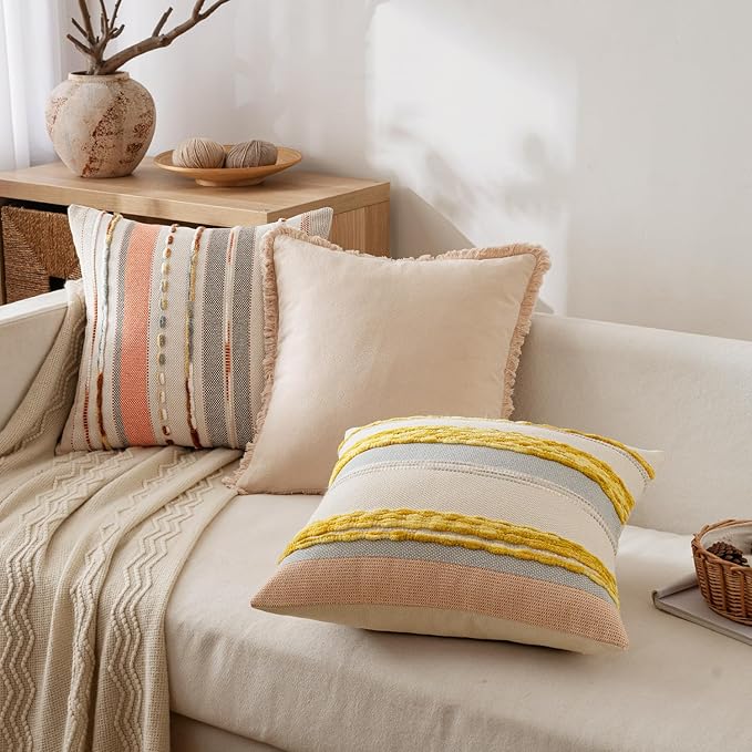 ANRODUO Pack of 2 Boho Decorative Throw Pillow Covers 18x18 Farmhouse Cushion Case Striped Chenille Pillow Cases Square Pillow Covers Accent Neutral Pillowcase for Sofa Couch Bed Fall, Pink Stripe