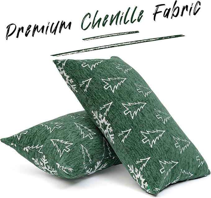 2 Pack Soft Chenille Christmas Reversible Throw Pillow Covers 12x20, Holiday Double-Sided Snowflake & Tree Cushion Cases for Sofa Couch Living Room(Green,20x12)