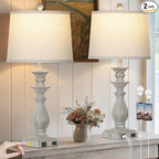 28" Farmhouse Table Lamps for Living Room Set of 2, 3-Way Dimmable Touch Bedside Lamps with USB C+A Ports & AC Outlet, Resin Vintage Tall Nightstand Lamps for Bedroom Office End Table, Grey