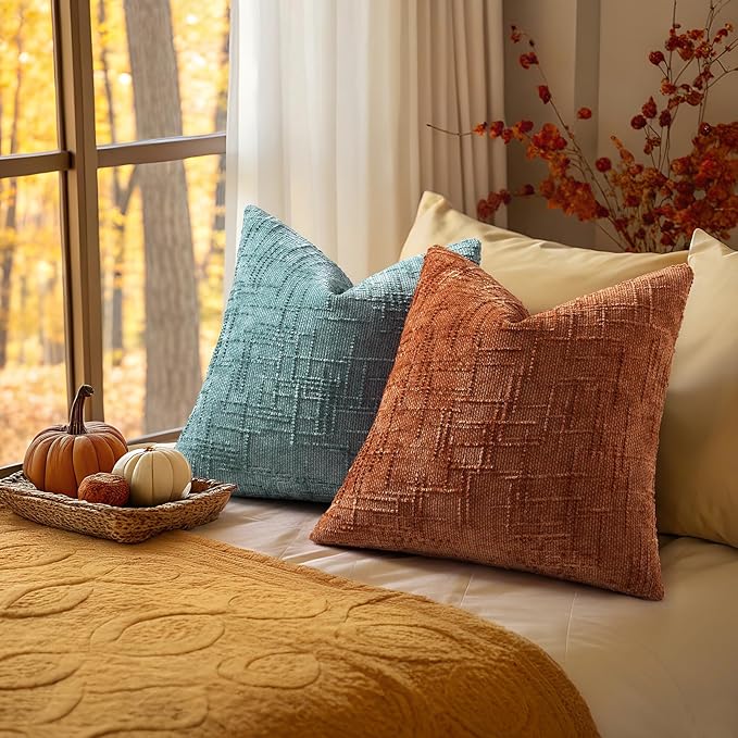 decorUhome Fall Rust Chenille Throw Pillow Covers 26x26 Set of 2 Thick Textured Slubby Couch Pillow Covers Farmhouse Accent Modern Neutral Decorative Pillow Cases for Bed Sofa Living Room