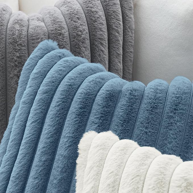 MIULEE Faux Fur Decorative Throw Pillow Covers 18x18 Inch Set of 2, Coastal Modern Art Home Decor Soft Plush Couch Pillows Cozy Fluffy Cushion Covers for Sofa Bed Grey Blue