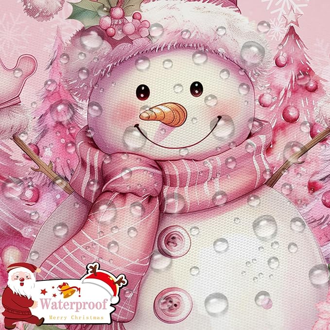 Pink Christmas Snowman Shower Curtain, Cute Winter Snowflake Snowman Pine Tree Decoration Xmas Shower Curtain for Bathroom, Farmhouse Christmas Holiday Fabric Bath Curtain Set with Hooks 72"X72"