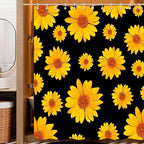 Black and Yellow Daisy Flower Shower Curtain, Rustic Farmhouse Botanical Waterproof Fabric with Hooks Set, 72x72 Inches