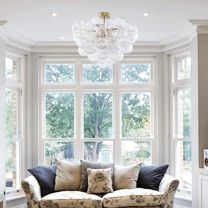 Longree Nordic Bubble Ball Swirled Glass Ceiling Lights Fixture, Dia 24 inch Gild Brass and Clear Blown Glass Small Chandelier for Bedroom Study Bathroom