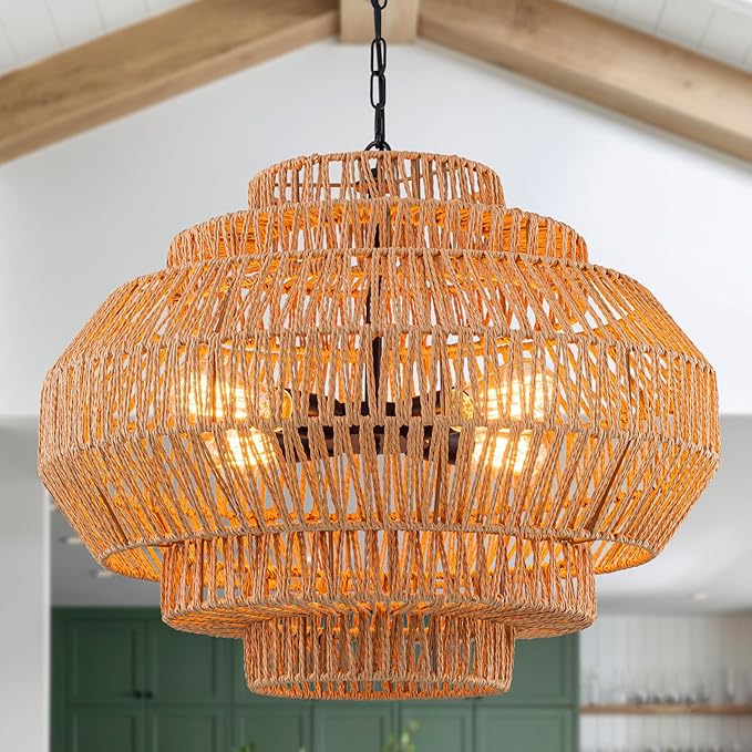 23.6-in Rattan Chandelier Boho Pendant Light Fixture Dinning Room Chandelier Boho Hanging Light Large Basket Light Woven Rattan Pendant Light for Kitchen Island Bedroom Farmhouse Living Room