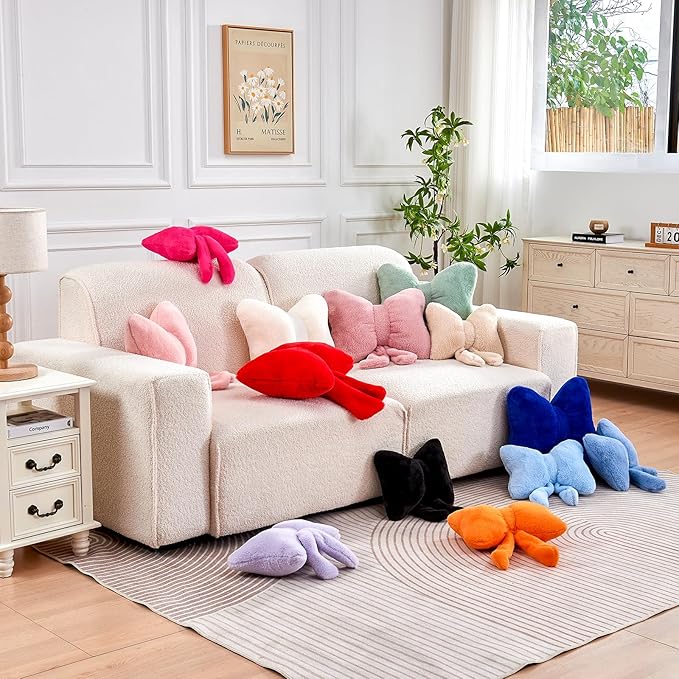 Dusty Pink Bow Pillow, Soft Bow Decorative Pillows with Faux Rabbit Fur, Cute 16" Bow Throw Pillows, Aesthetic Home Decor Bow Shaped Plush Pillow for Bedroom Sofa Couch