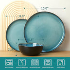 24 Piece Stoneware Dinnerware Set for 8, Reactive Glaze Plates and Bowls Sets | Designed for Holiday Dinners, Thanksgiving, Party Hosting | Durable Irregular Coastal Design, Green Black