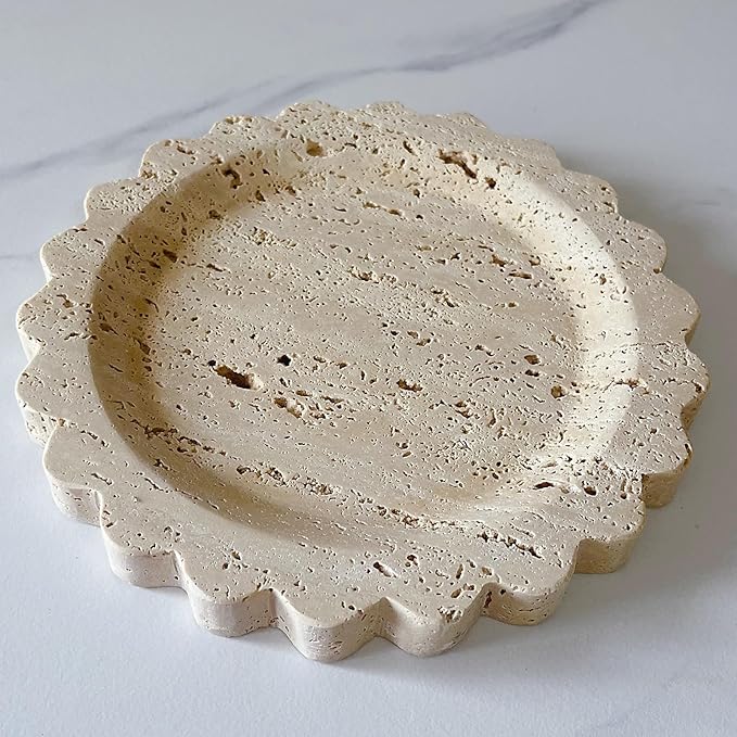 Travertine Marble Tray Round Scalloped Tray Small Serving Platter for Counter, Bathroom, Kitchen, Nightstand, Jewelry Ring Dish Holder (Beige Travertine)