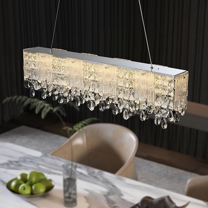 Crystal Linear Chandelier,Modern Rectangular Pendant Light, Glass Chandeliers Elegant Long Bar Hanging Light Fixture for Dining Room, Kitchen Island, Living Room