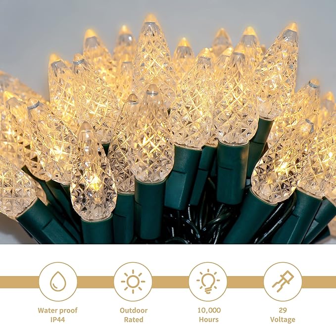 WATERGLIDE C6 Christmas Lights, 33ft 100 LED Faceted String Lights Green Wire Fairy Lights with 29V Safe Adaptor, 8 Lighting Mode, Waterproof for Indoor Outdoor Patio Xmas Tree Party Decor, Warm White