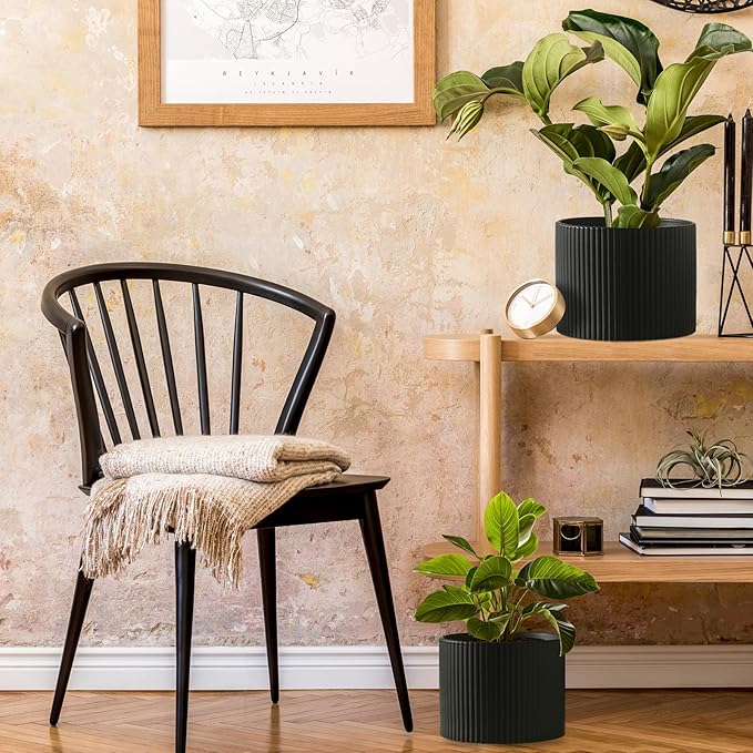 Ceramic Plant Pots, 8.1 + 6 Inch Planters for Indoor Plants, Modern Flower Pots for Plants with Drainage, Medium Cylinder Flower Pots for Indoor Plants, House Plants, Matte Black