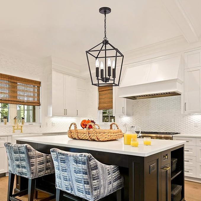 MELUCEE Farmhouse Chandelier in Oil Rubbed Bronze 4 Lights Lantern Pendant Light Vintage Openwork Cage Hanging Light Fixtures Ceiling for Kitchen Island Dining Room Entryway, E12 Base
