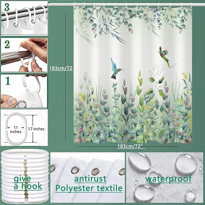 Green Leaf Shower Curtain, Emerald Bird Mint Green 72 “W x 72” L with 12 Hooks, Weighted Hem Bathroom Shower Curtain, Hummingbird Shower Curtains Water Resistant