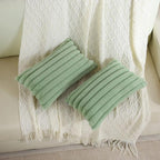 FUTEI Sage Green Striped Decorative Throw Pillow Covers 12x20 Inch Set of 2,Rectangle Winter Decorations Couch Lumbar Pillowcase,Soft Cozy Faux Rabbit Fur & Velvet Back,Modern Home Decor for Bed