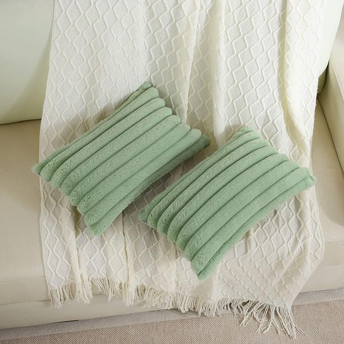 FUTEI Sage Green Striped Decorative Throw Pillow Covers 12x20 Inch Set of 2,Rectangle Winter Decorations Couch Lumbar Pillowcase,Soft Cozy Faux Rabbit Fur & Velvet Back,Modern Home Decor for Bed