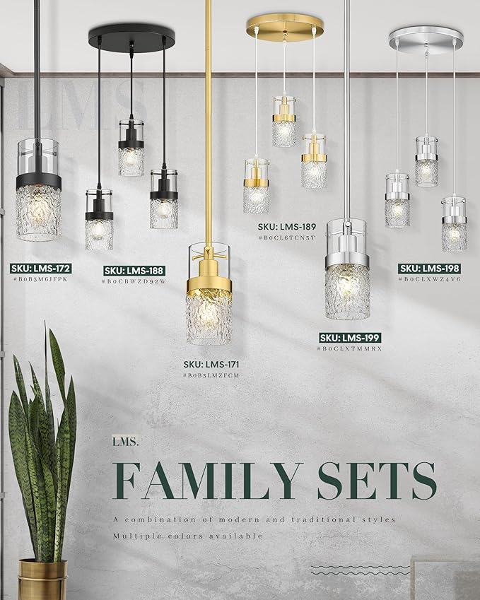 LMS Glass Pendant Lights Kitchen Island, 1-Light Modern Black Pendant Light with Hammered Glass and Rods, Mini Hanging Lighting for Kitchen Island Sink Bathroom Bedroom, LMS-172