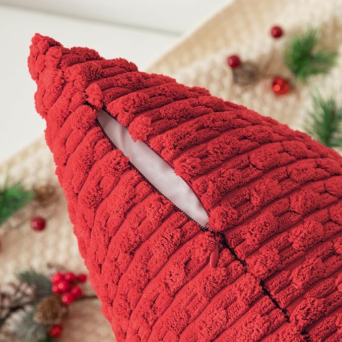 Kevin Textile Christmas Red Corduroy Decorative Throw Pillow Covers 16x16 Inch Pack of 2 Soft Boho Striped Pillow Covers Modern Farmhouse Home Decor for Sofa Living Room Couch Bed