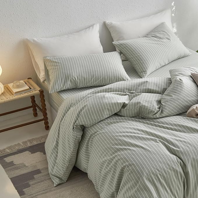 MooMee Striped Duvet Cover Set 100% Washed Cotton Linen Like Textured Breathable Durable Soft Comfy (Sage Green White Wide Stripes, Alaska King 132"x120")