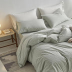 MooMee Striped Duvet Cover Set 100% Washed Cotton Linen Like Textured Breathable Durable Soft Comfy (Sage Green White Wide Stripes, Cal King 104"x98")
