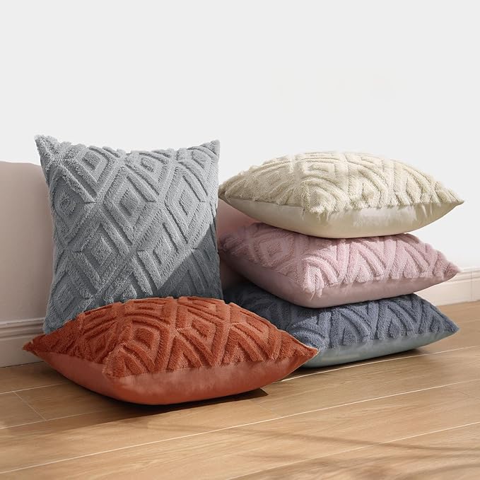 Pallene Grey Throw Pillow Covers 22x22 Set of 2, Soft Plush Faux Fur Decorative Couch Pillow Covers for Sofa Bed Living Room Pillow Cases with 3D Diamond Pattern