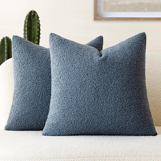 Foindtower Pack of 2, Curly Faux Fur Decorative Throw Pillow Covers Soft Plush Cushion Case with Zipper Cozy Fluffy Boho Pillowcase for Home Living Room Couch Bedroom Bed Sofa 18 x 18 Inch, Blue