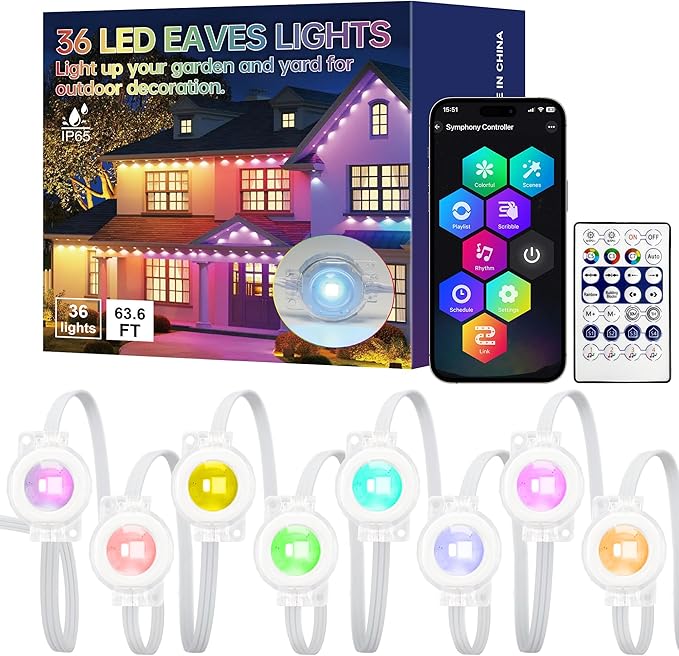 VCOKEN Permanent Outdoor Lights, 63.6ft with 36LED Outdoor Christmas Lights with App Control Remote, DIY Scene Modes Eaves IP65 Waterproof Light for Christmas, Holiday, Decor, Garden Decor