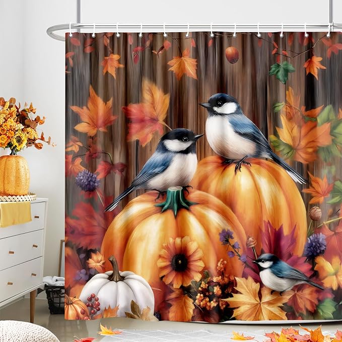 Fall Thanksgiving Pumpkin Shower Curtains for Bathroom, Rustic Autumn Bird Halloween Thanksgiving Shower Curtain Set Country Famrhouse Bath Curtain with 12 Hooks, 72x72 Orange Fabric Polyeste