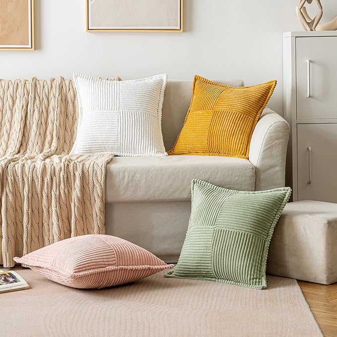 MIULEE Decorative Throw Pillow Covers for Couch Bed Livingroom 16x16 Inch Set of 2 Sage Green Boho Accent Throw Pllows Broadside Striped Patchwork Soft Corduroy Pillowcases