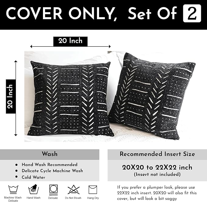 BlissBlush Black Decorative Throw Pillow Covers 20X20, Set of 2, Boho Farmhouse Cushion Cover, Cozy Soft Accent Pillowcase for Couch Sofa Bed Living Room Home Décor